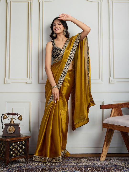 Mustard Satin Silk Embroidered Designer Saree with Blouse