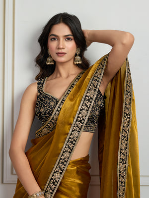 Mustard Satin Silk Embroidered Designer Saree with Blouse