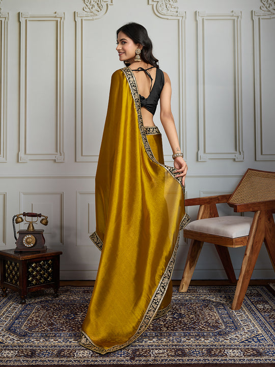 Mustard Satin Silk Embroidered Designer Saree with Blouse