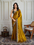 Mustard Satin Silk Embroidered Designer Saree with Blouse