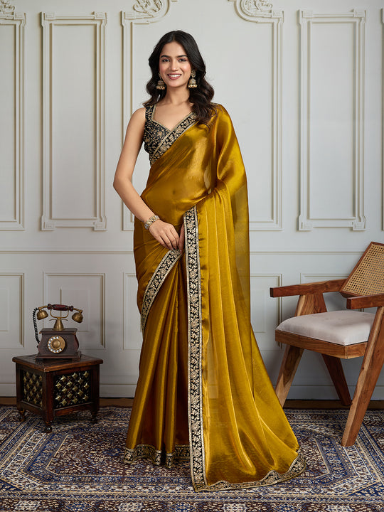 Mustard Satin Silk Embroidered Designer Saree with Blouse