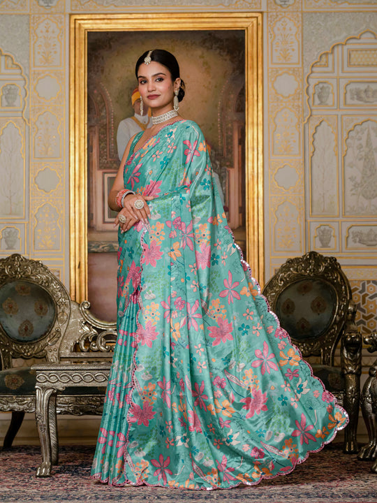 Sea Green Chinon Digital Print with Mirror Saree with Blouse