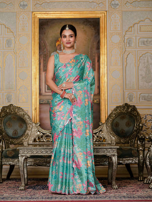 Sea Green Chinon Digital Print with Mirror Saree with Blouse