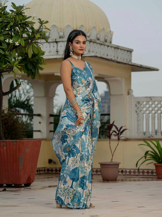 Morpich Chinon Digital Print with Mirror Saree with Blouse