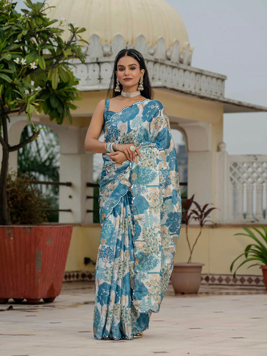 Morpich Chinon Digital Print with Mirror Saree with Blouse