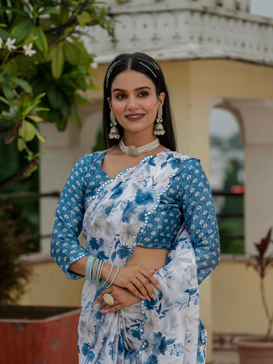 Blue Chinon Digital Print with Mirror Saree with Blouse