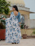 Blue Chinon Digital Print with Mirror Saree with Blouse