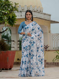 Blue Chinon Digital Print with Mirror Saree with Blouse