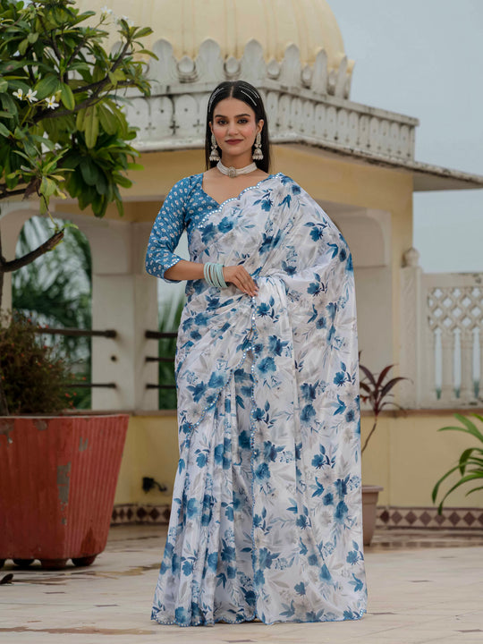 Blue Chinon Digital Print with Mirror Saree with Blouse