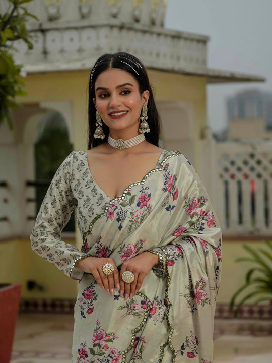 Pista Green Chinon Digital Print with Mirror Saree with Blouse