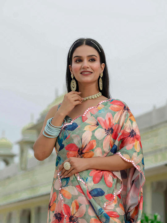 Multicolor Chinon Digital Print with Mirror Saree with Blouse