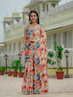 Multicolor Chinon Digital Print with Mirror Saree with Blouse