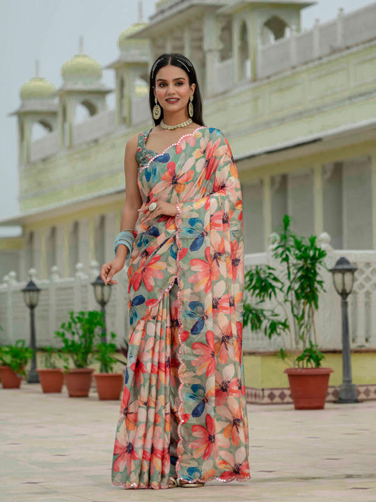 Multicolor Chinon Digital Print with Mirror Saree with Blouse