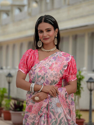 Multicolor Chinon Digital Print with Mirror Saree with Blouse