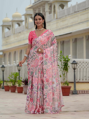 Multicolor Chinon Digital Print with Mirror Saree with Blouse