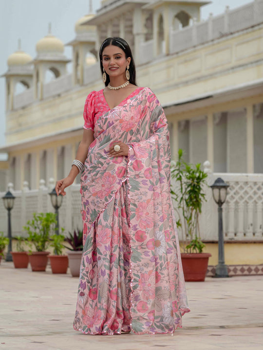 Multicolor Chinon Digital Print with Mirror Saree with Blouse