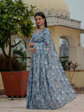 Sky Blue Chinon Digital Print with Mirror Saree with Blouse
