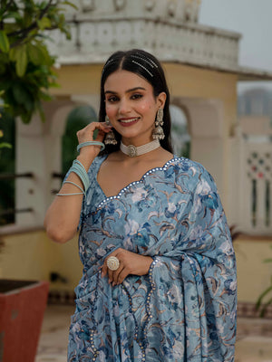 Sky Blue Chinon Digital Print with Mirror Saree with Blouse