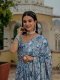 Sky Blue Chinon Digital Print with Mirror Saree with Blouse