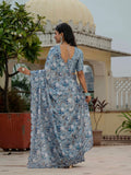 Sky Blue Chinon Digital Print with Mirror Saree with Blouse