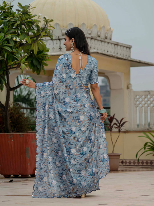 Sky Blue Chinon Digital Print with Mirror Saree with Blouse