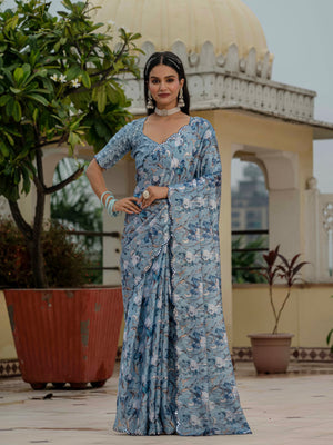 Sky Blue Chinon Digital Print with Mirror Saree with Blouse