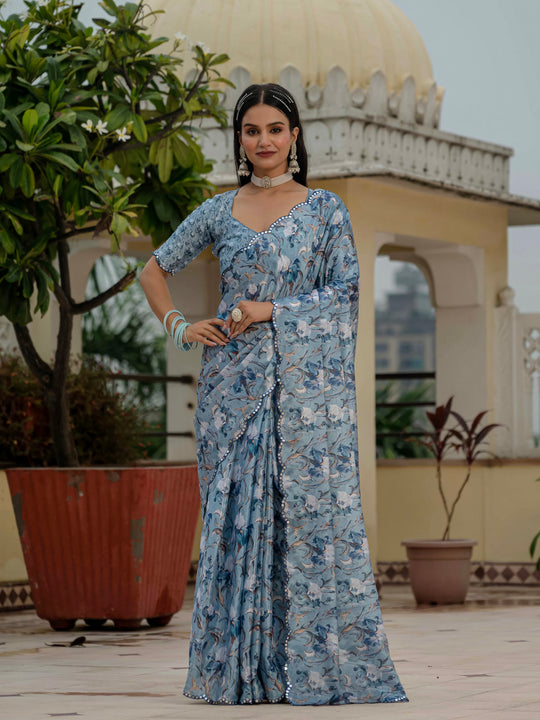 Sky Blue Chinon Digital Print with Mirror Saree with Blouse