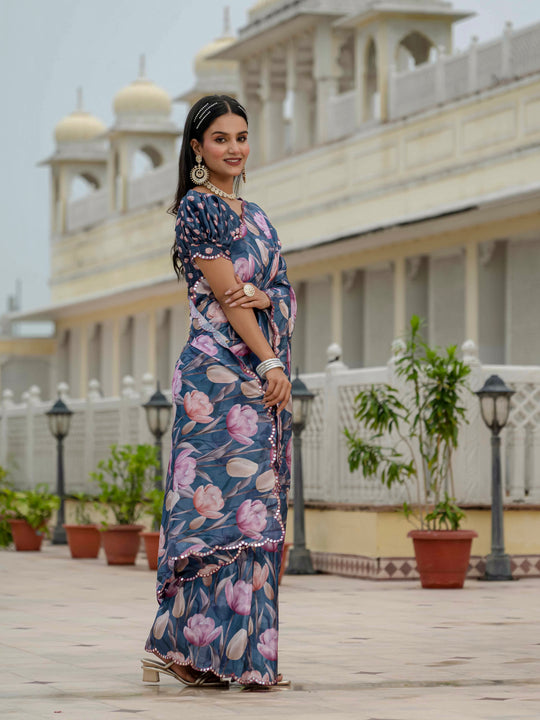 Navy Blue Chinon Digital Print with Mirror Saree with Blouse