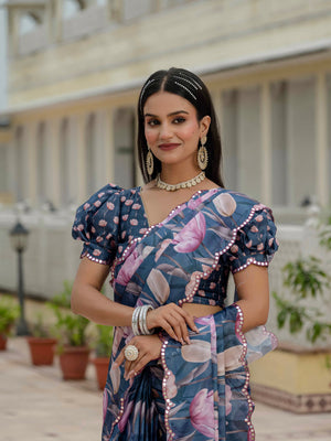 Navy Blue Chinon Digital Print with Mirror Saree with Blouse