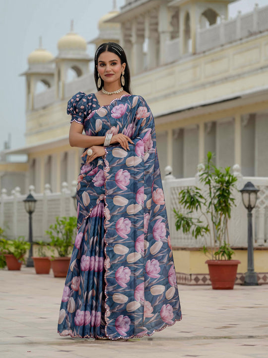 Navy Blue Chinon Digital Print with Mirror Saree with Blouse