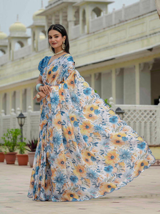 Multicolor Chinon Digital Print with Mirror Saree with Blouse