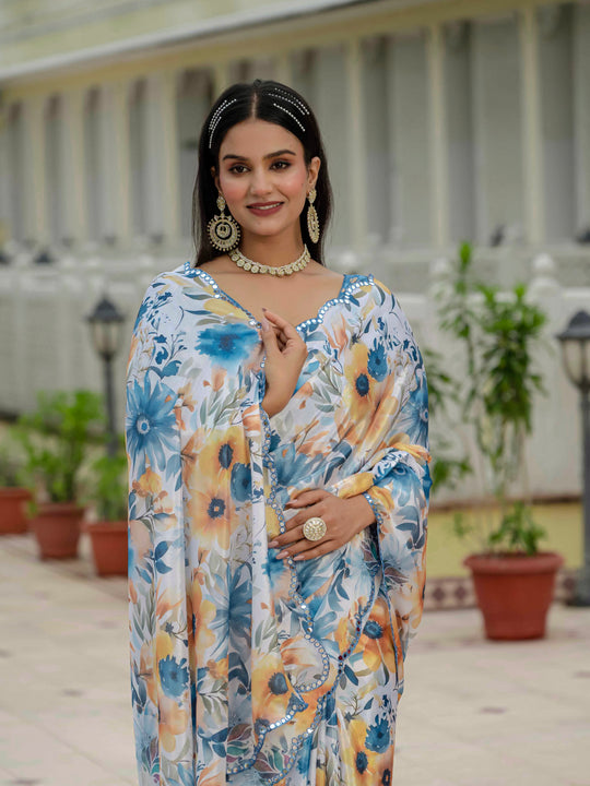 Multicolor Chinon Digital Print with Mirror Saree with Blouse