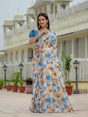 Multicolor Chinon Digital Print with Mirror Saree with Blouse