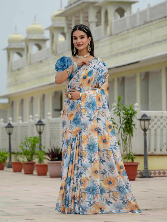 Multicolor Chinon Digital Print with Mirror Saree with Blouse