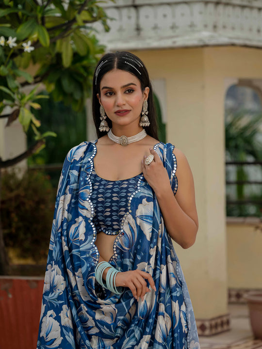 Royal Blue Chinon Digital Print with Mirror Saree with Blouse