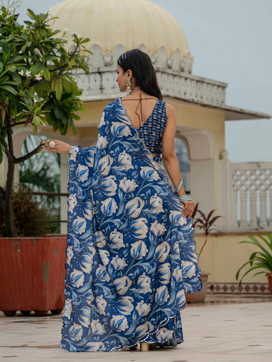 Royal Blue Chinon Digital Print with Mirror Saree with Blouse