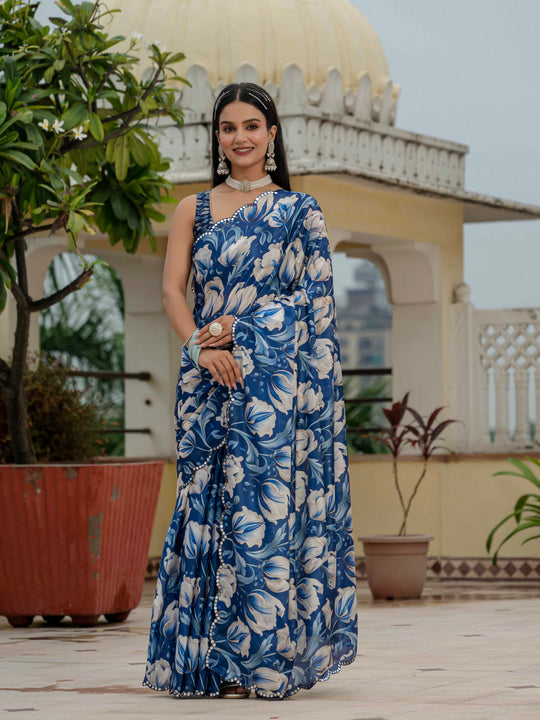 Royal Blue Chinon Digital Print with Mirror Saree with Blouse