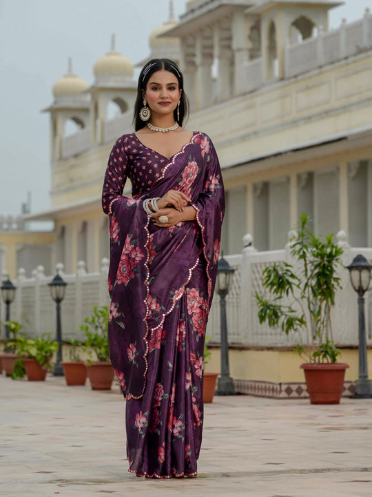 Wine Chinon Digital Print with Mirror Saree with Blouse