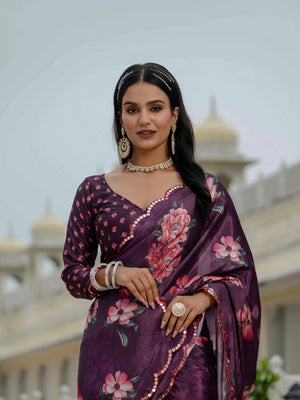 Wine Chinon Digital Print with Mirror Saree with Blouse
