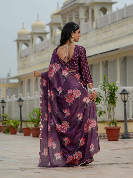 Wine Chinon Digital Print with Mirror Saree with Blouse