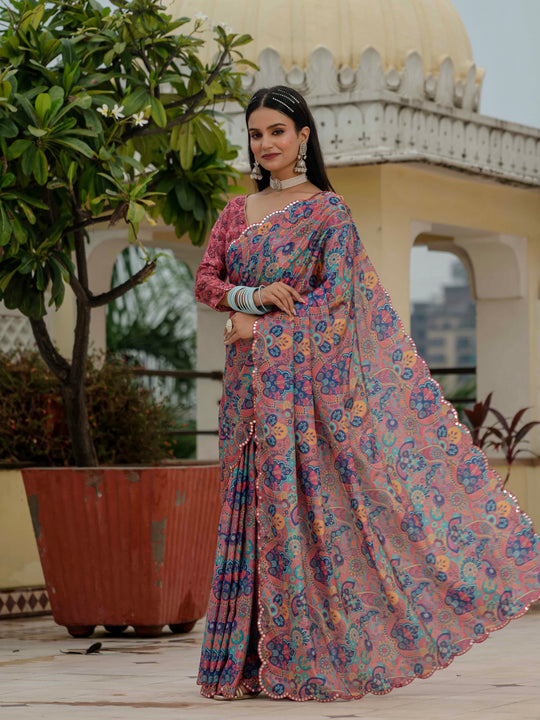 Multicolor Chinon Digital Print with Mirror Saree with Blouse