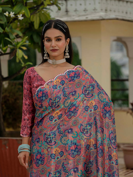 Multicolor Chinon Digital Print with Mirror Saree with Blouse