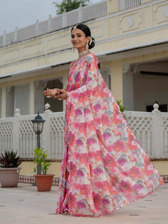 Pink Chinon Digital Print with Mirror Saree with Blouse