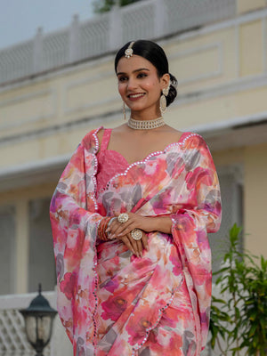 Pink Chinon Digital Print with Mirror Saree with Blouse