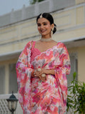 Pink Chinon Digital Print with Mirror Saree with Blouse