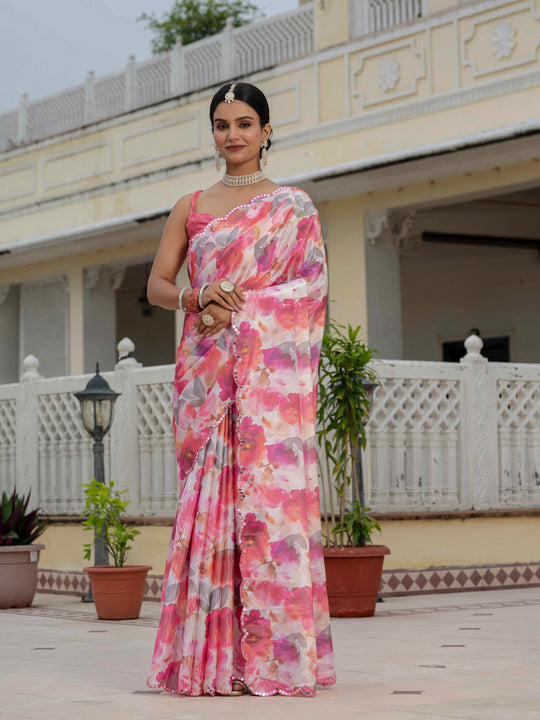 Pink Chinon Digital Print with Mirror Saree with Blouse