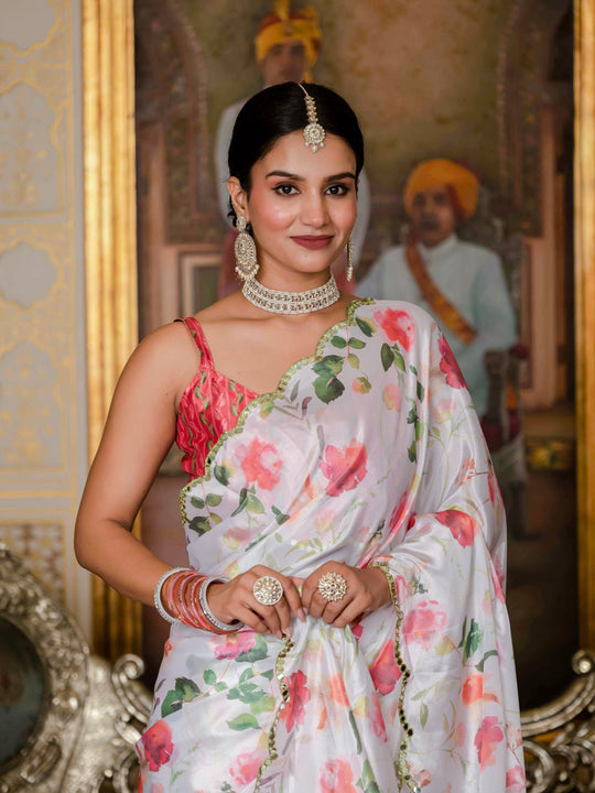 White Chinon Digital Print with Mirror Saree with Blouse