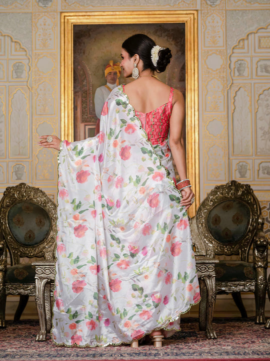 White Chinon Digital Print with Mirror Saree with Blouse