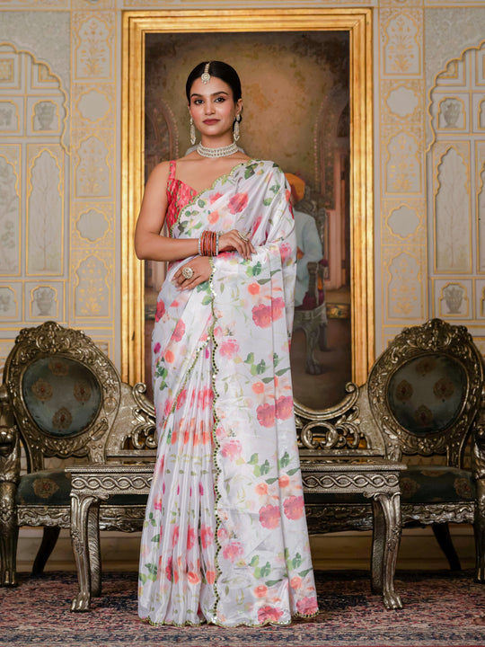 White Chinon Digital Print with Mirror Saree with Blouse