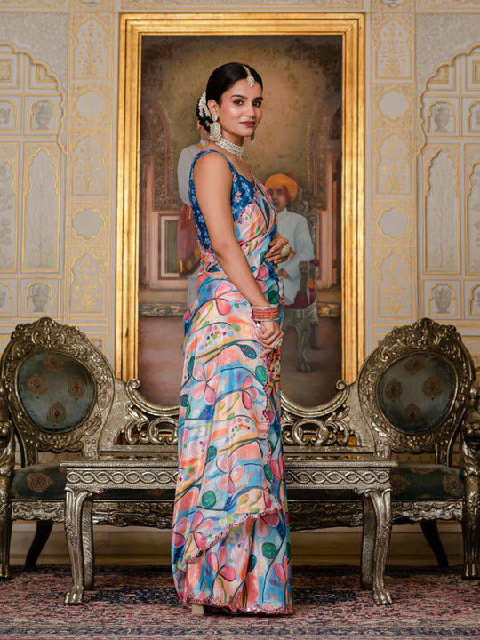 Multicolor Chinon Digital Print with Mirror Saree with Blouse